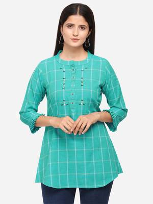Sea Green Color Cotton Embroidered Kurti 4