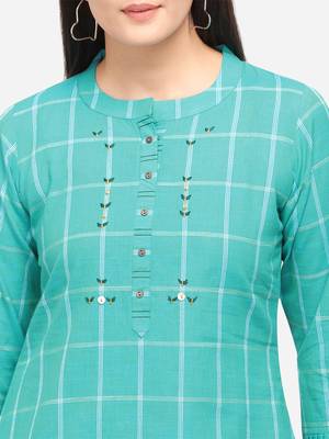 Sea Green Color Cotton Embroidered Kurti 5
