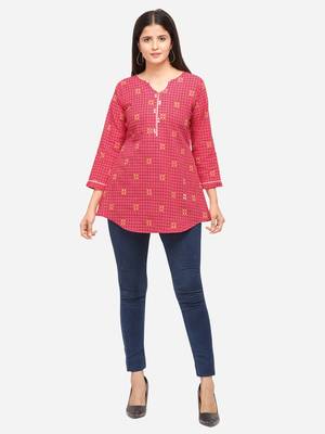 Pink Color Cotton Embroidered Kurti 1