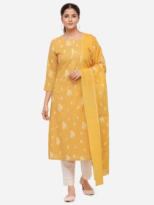 Mustard Color Block Printed Unstitched Dress Material 1