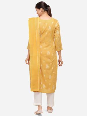 Mustard Color Block Printed Unstitched Dress Material 2