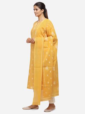 Mustard Color Block Printed Unstitched Dress Material 3