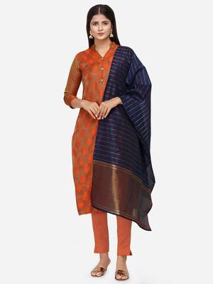 Orange & Navy Blue Unstitched Dress Material 1