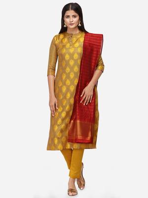 Mustard & Red Unstitched Dress Material 1
