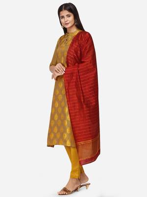 Mustard & Red Unstitched Dress Material 3