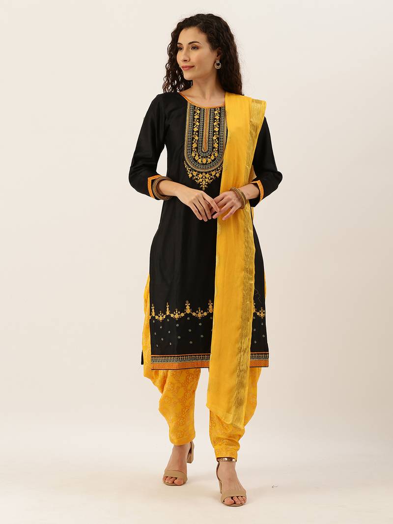 Black & Yellow Color Dress Material - kvsfab - 3329245