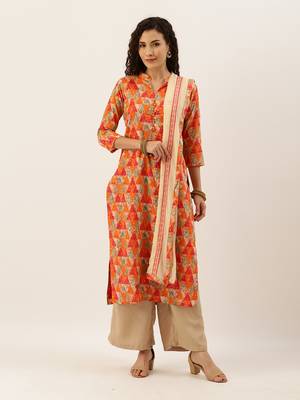 Orange Color Printed Unstitched Dress Material 1