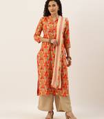 Orange Color Printed Unstitched Dress Material