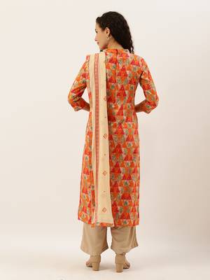 Orange Color Printed Unstitched Dress Material 2