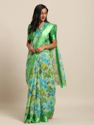 Green Color Printed Cotton Saree 1