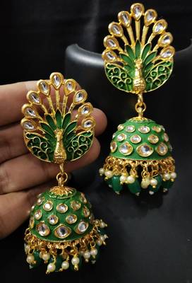 Royal Peacock Emerald Green Meenakri Kundan Jhumki Earrings 1