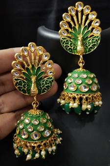 Royal Peacock Emerald Green Meenakri Kundan Jhumki Earrings