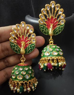 Royal Peacock Ruby Red Emerald Green Meenakri Kundan Jhumki Earrings 1