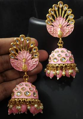 Royal Peacock Lovely Pink Meenakri Kundan Jhumki Earrings 1