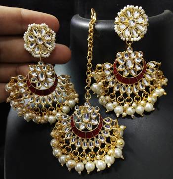 Bridal Red Meenakari Chandbali Kundan Pearl Earrings Tikka Full Set 1