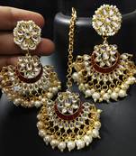 Bridal Red Meenakari Chandbali Kundan Pearl Earrings Tikka Full Set
