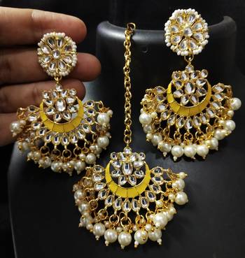 Yellow Meenakari Chandbali Kundan Pearl Earrings Tikka Full Set 1