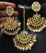 Yellow Meenakari Chandbali Kundan Pearl Earrings Tikka Full Set