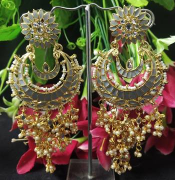 Grey Meenakari Dangle Chandbali Long Laheriya Stylish Earrings 1