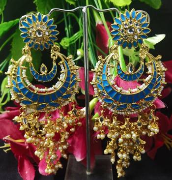 Turquoise Blue Meenakari Dangle Chandbali Long Laheriya Stylish Earrings 1