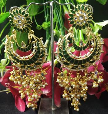 Emerald Green Meenakari Dangle Chandbali Long Laheriya Stylish Earrings 1