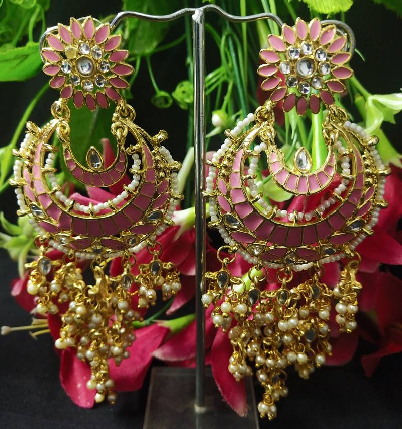 Pink Meenakari Dangle Chandbali Long Laheriya Stylish Earrings