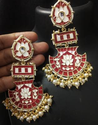Designer Long Red Meenakari Kundan Pearl Long Earrings Set 1