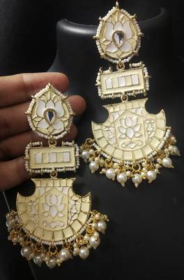 Designer Long Cream Meenakari Kundan Pearl Long Earrings Set 1