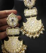 Designer Long Cream Meenakari Kundan Pearl Long Earrings Set