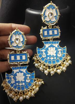 Designer Long Turquoise Blue Meenakari Kundan Pearl Long Earrings Set 1
