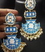 Designer Long Turquoise Blue Meenakari Kundan Pearl Long Earrings Set