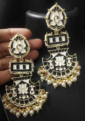 Designer Long Black Meenakari Kundan Pearl Long Earrings Set 1