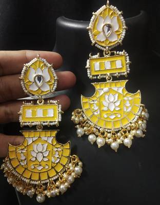 Designer Long Yellow Meenakari Kundan Pearl Long Earrings Set 1
