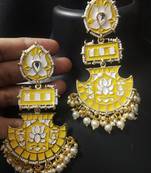 Designer Long Yellow Meenakari Kundan Pearl Long Earrings Set
