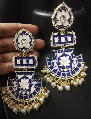 Designer Long Royal Blue Meenakari Kundan Pearl Long Earrings Set 1