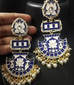 Designer Long Royal Blue Meenakari Kundan Pearl Long Earrings Set