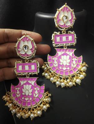 Designer Long Pink Meenakari Kundan Pearl Long Earrings Set 1