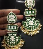 Designer Long Emerald Green Meenakari Kundan Pearl Long Earrings Set