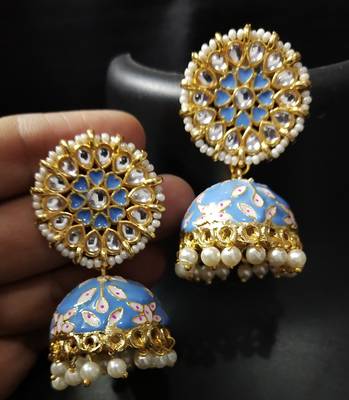 Blue Pink Meenakari Heart Shape Jhumki Earrings Set 1