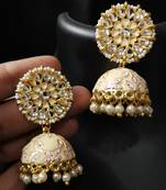 Cream Pink Meenakari Heart Shape Jhumki Earrings Set