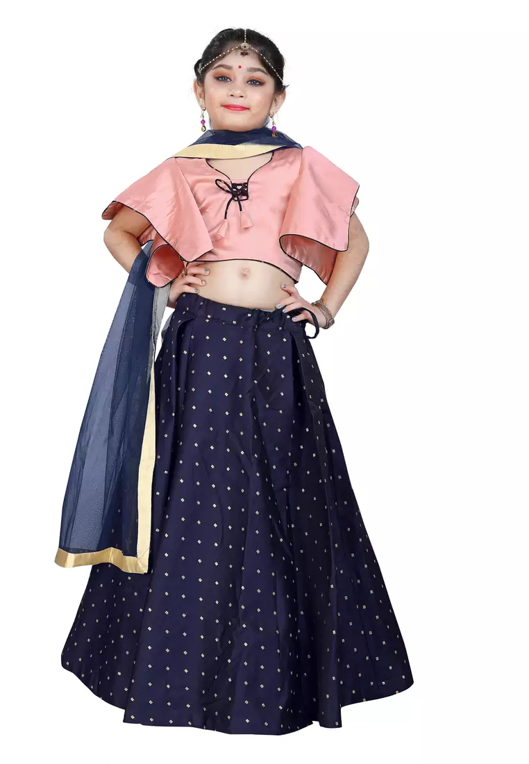 Kids Wedding Wear Pink Blouse And Blue Lehenga Choli For Girls 
