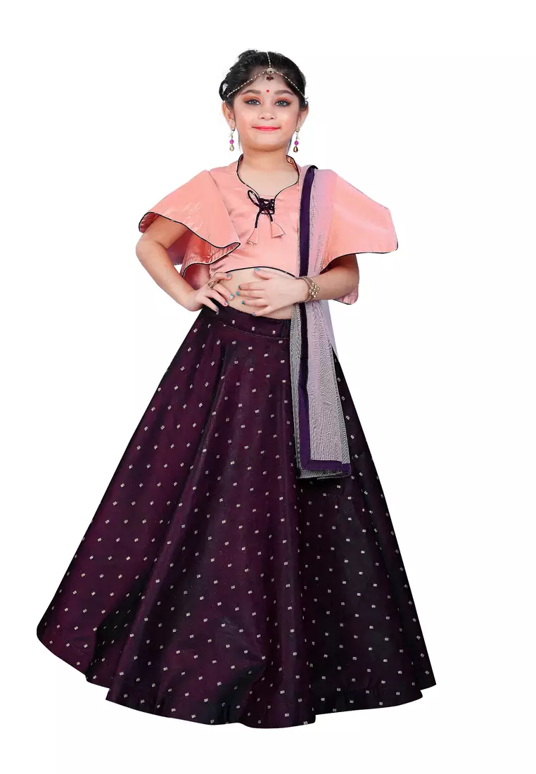 Kids Wedding Wear Pink Blouse And Maroon Lehenga Choli For Girls 