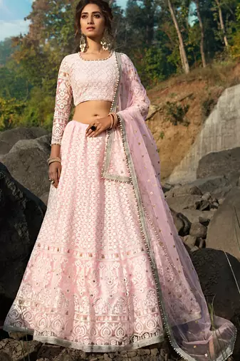 Captivating Light Pink Sequins, Zari, And Thread Embroidery Net Semi Stitched Wedding Lehenga