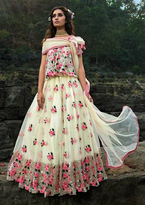 Engaging Off-white Sequins and Thread embroidered net fabric lehenga choli 1