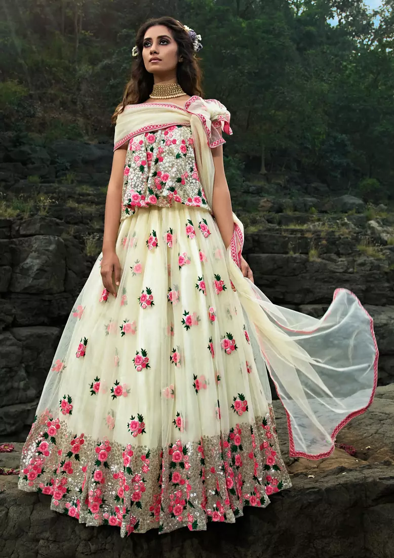 Engaging Off-white Sequins and Thread embroidered net Semi Stitched bridal lehenga