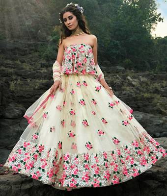 Engaging Off-white Sequins and Thread embroidered net fabric lehenga choli 4