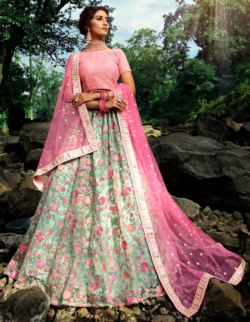 Exquisite Pista green Sequins, Zari, and Thread embroidery net Semi Stitched Lehenga Choli for Wedding