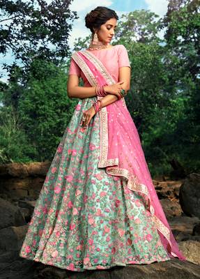 Exquisite Pista Green Sequins Zari And Thread Embroidery Net Semi Stitched Lehenga Choli For Wedding 2