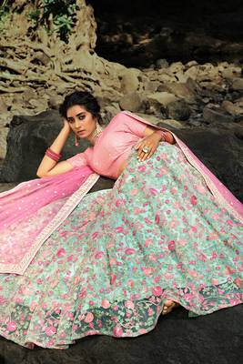 Exquisite Pista Green Sequins Zari And Thread Embroidery Net Semi Stitched Lehenga Choli For Wedding 4