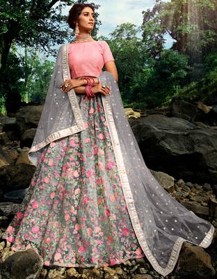 Pleasant Grey Sequins Zari And Thread Embroidery Net Semi Stitched Wedding Lehenga 1